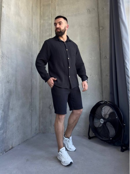 Чоловічий літній мусліновий костюм чорного кольору 33197