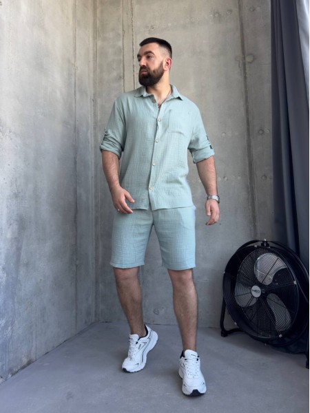 Чоловічий літній мусліновий костюм оливкового кольору 33199