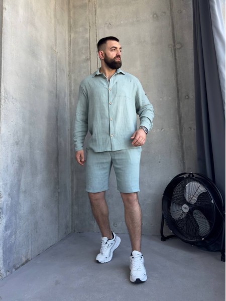 Чоловічий літній мусліновий костюм оливкового кольору 33199