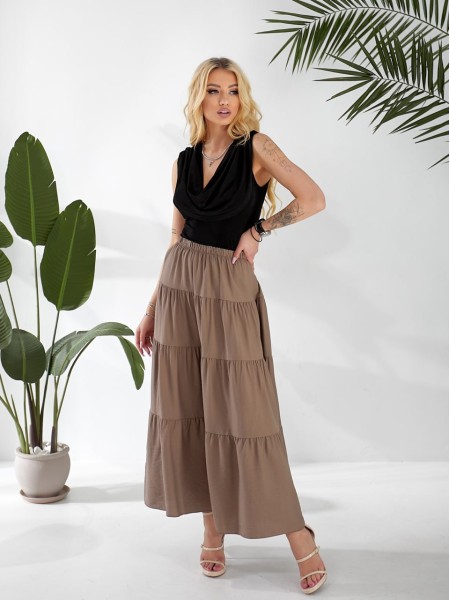 Жіноча льняна спідниця міді з воланами коричневого кольору 33211