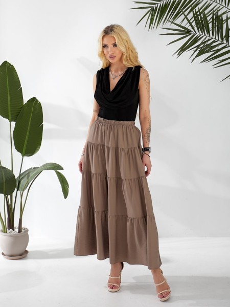 Жіноча льняна спідниця міді з воланами коричневого кольору 33211