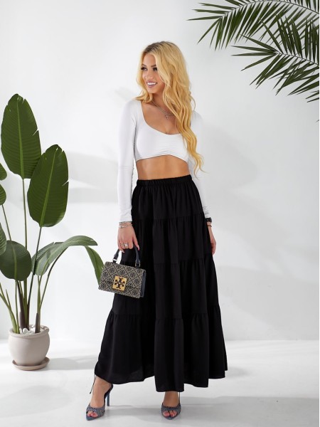 Жіноча льняна спідниця міді з воланами чорного кольору 33213