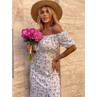 Легкое  платье миди с разрезом молочного цвета 33242