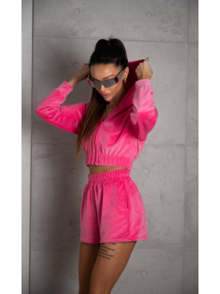 Жіночий літній велюровий костюм малинового кольору 33253