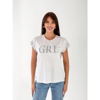 Жіноча футболка зi стразами бiлого кольору 33261