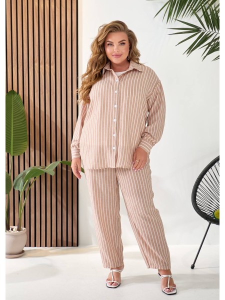 Жіночий лляний костюм 3-ка (штани+майка+сорочка) бежевого кольору 33331