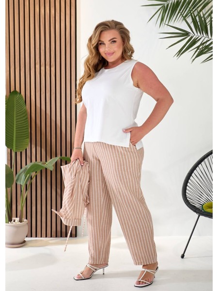 Жіночий лляний костюм 3-ка (штани+майка+сорочка) бежевого кольору 33331