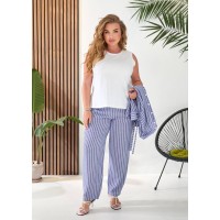 Жіночий лляний костюм 3-ка (штани+майка+сорочка) синього кольору 33332