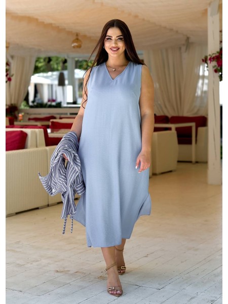 Льняна літня сукня міді синього кольору 33335