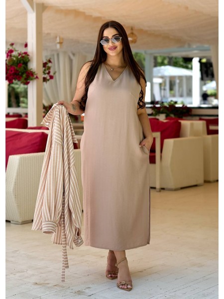 Льняна літня сукня міді+сорочка бежевого кольору 33338