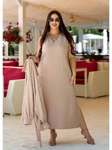 Льняна літня сукня міді+сорочка бежевого кольору 33338