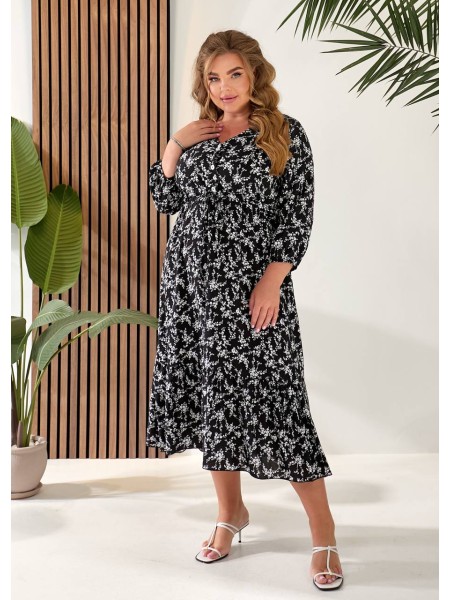 Літня сукня міді із завищеною талією чорного кольору 33339