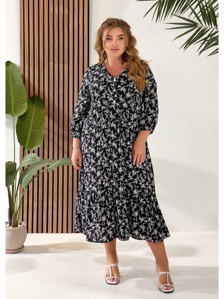 Літня сукня міді із завищеною талією чорного кольору 33339
