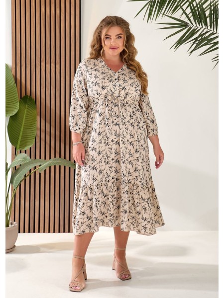 Літня сукня міді із завищеною талією молочного кольору 33340