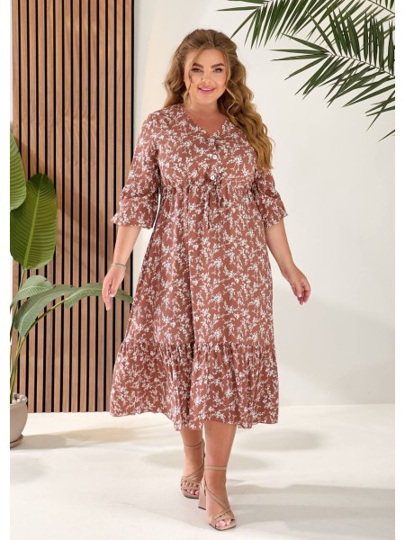 Літня сукня міді із завищеною талією кавового кольору 33341