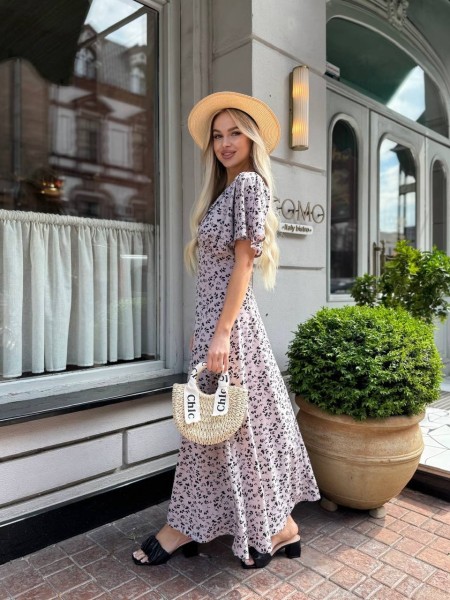 Летнее платье миди бежевого цвета 33382