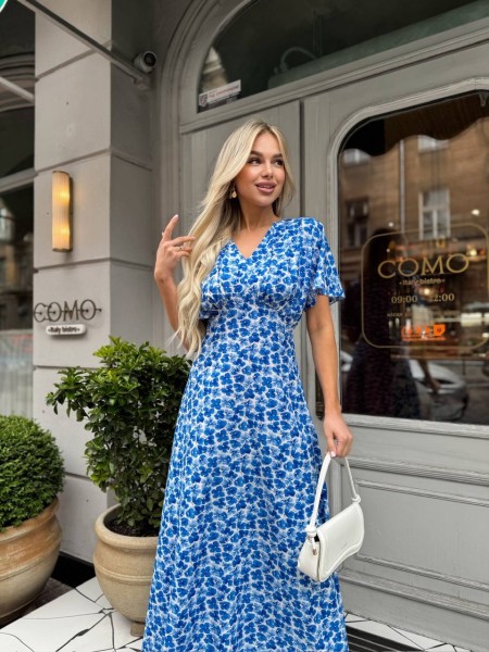 Летнее платье миди в цветок синего цвета 33383