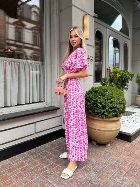 Летнее платье миди в цветок малинового цвета 33384