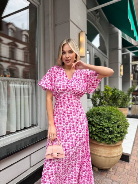 Летнее платье миди в цветок малинового цвета 33384