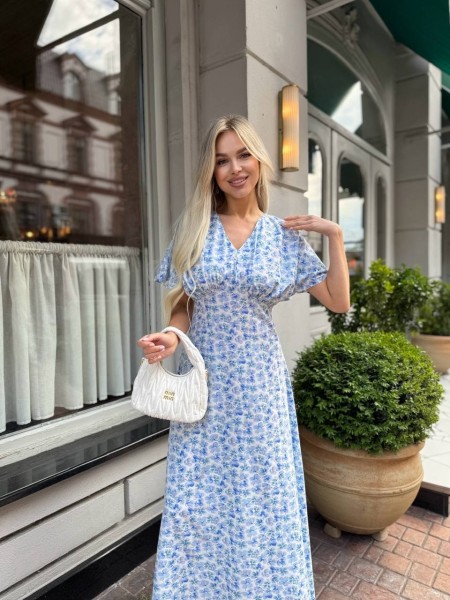 Летнее платье миди в цветок голубого цвета 33385