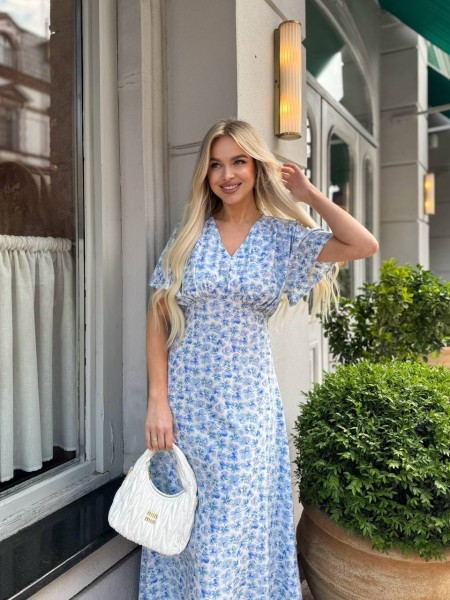 Летнее платье миди в цветок голубого цвета 33385