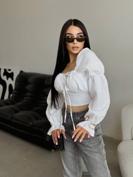 Літній топ на зав'язках із рукавом бiлого кольору 33412