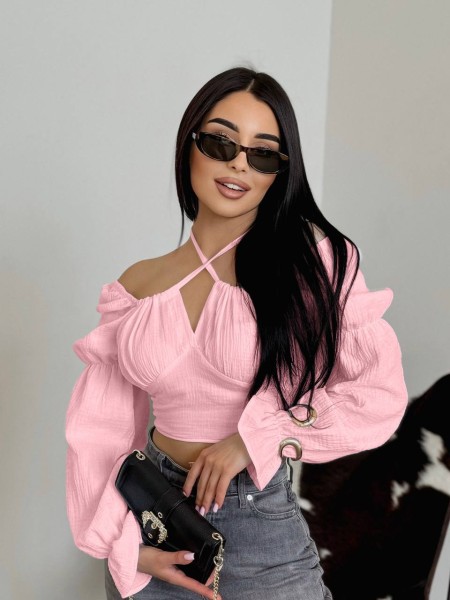 Літній топ на зав'язках із рукавом рожевого кольору 33413