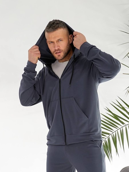 Чоловічий спортивний костюм на змійці з капюшоном графітового кольору 33434