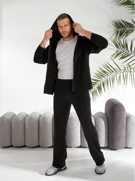 Чоловічий спортивний костюм на змійці з капюшоном чорного кольору 33435