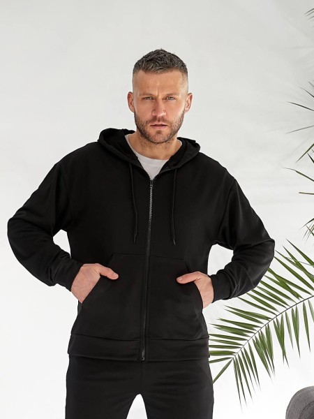 Чоловічий спортивний костюм на змійці з капюшоном чорного кольору 33435