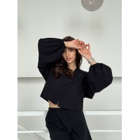 Жіночий льняний костюм з шортами чорного кольору 33472