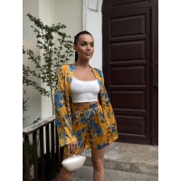 Жіночий шовковий костюм з кімоно жовтого кольору 33480