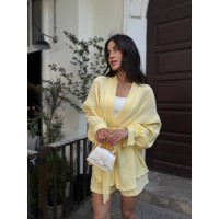 Женский муслиновый костюм шорты+кимоно желтого цвета 33519