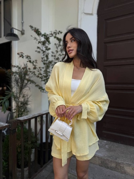 Жіночий муслiновий костюм шорти+кімоно жовтого кольору 33519
