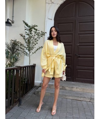 Жіночий муслiновий костюм шорти+кімоно жовтого кольору 33519