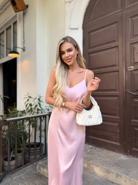 Шелковое платье миди на бретельках розового цвета 33523