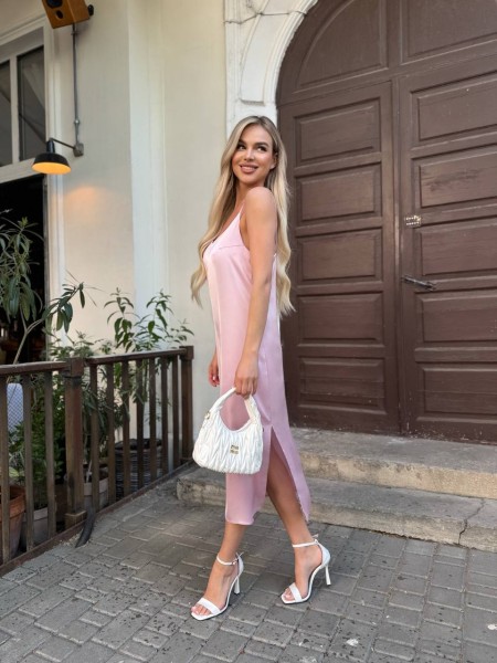 Шелковое платье миди на бретельках розового цвета 33523