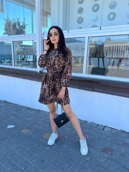 Сукня з поясом леопард коричневого кольору 33533