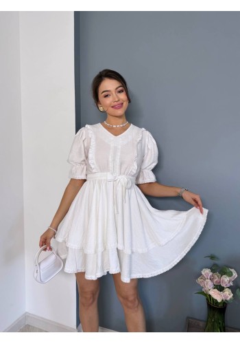 Льняна сукня міні з рюшами молочного кольору 33540