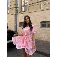 Льняна сукня міні з рюшами рожевого кольору 33541
