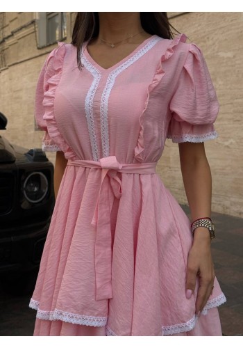 Льняна сукня міні з рюшами рожевого кольору 33541
