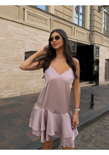 Шовкова сукня міні з пишною спідницею пудрового кольору 33546