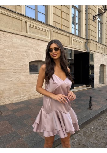 Шовкова сукня міні з пишною спідницею пудрового кольору 33546