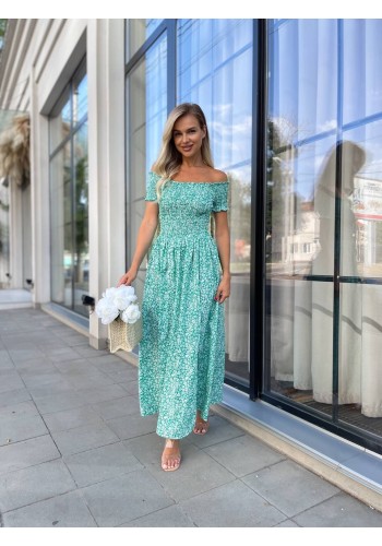 Літня сукня міді в квітку з відкритими плечима зеленого кольору 33570