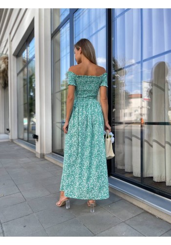 Літня сукня міді в квітку з відкритими плечима зеленого кольору 33570