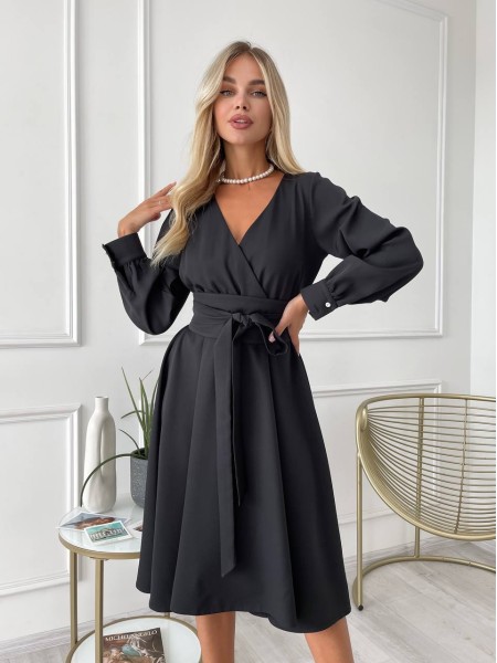 Сукня міді з поясом, чорного кольору 24226