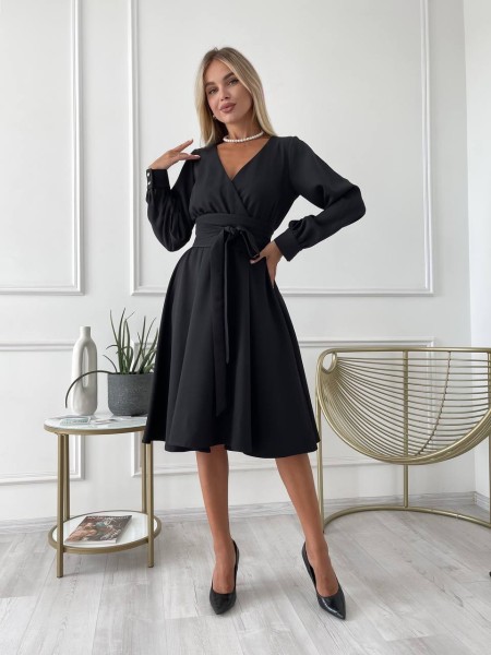 Сукня міді з поясом, чорного кольору 24226