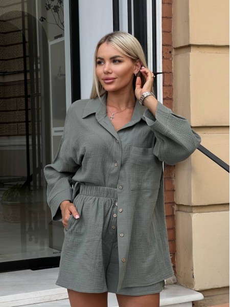 Жіночий костюм: сорочка з шортиками, кольору хакi 24856 АА