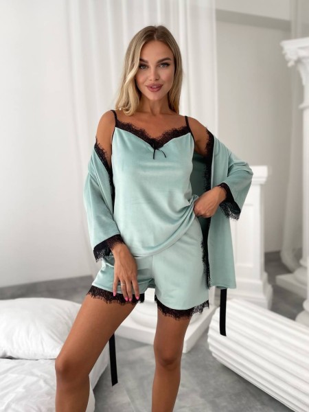 Жіночий костюм-трійка з шортами мʼятного кольору 25179