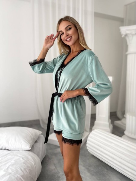 Жіночий костюм-трійка з шортами мʼятного кольору 25179